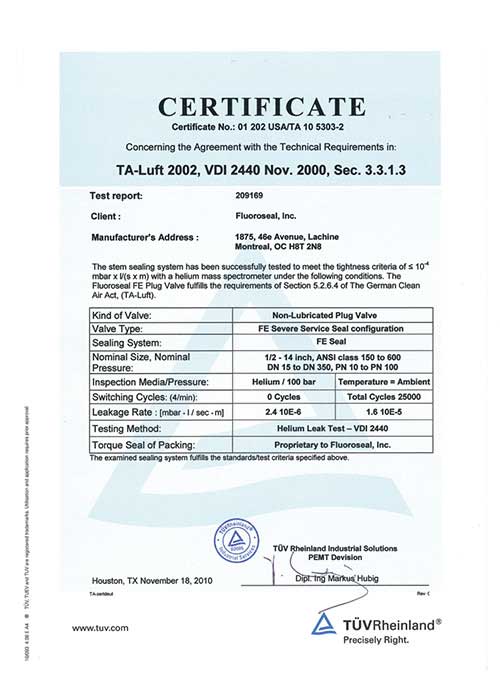 TA Luft 2002 certificate FluoroSeal