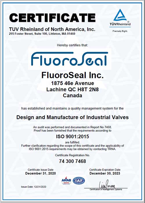 ISO 9001 2015 certificate FluoroSeal 2023